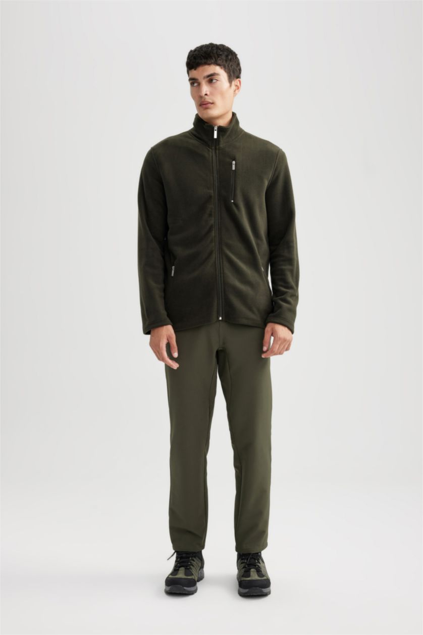 MAN Dark Khaki Regular Fit Polar Fleece Zipper Sweatshirt