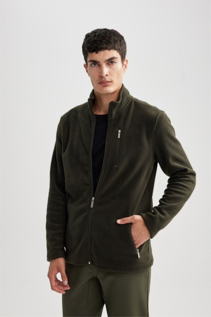 MAN Dark Khaki Regular Fit Polar Fleece Zipper Sweatshirt