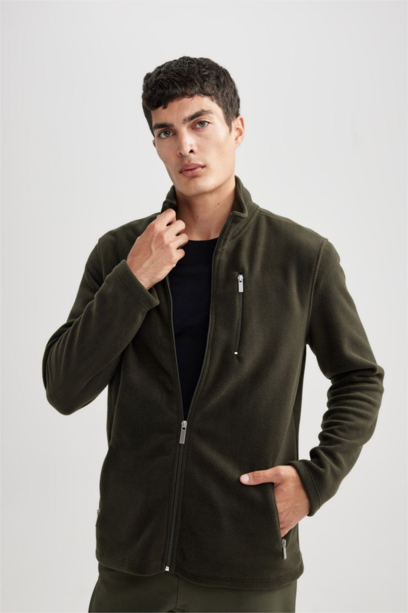 MAN Dark Khaki Regular Fit Polar Fleece Zipper Sweatshirt