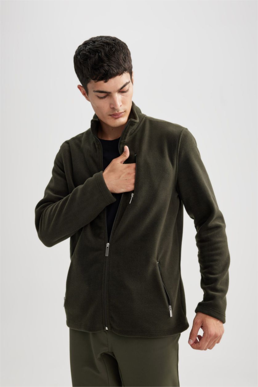 MAN Dark Khaki Regular Fit Polar Fleece Zipper Sweatshirt