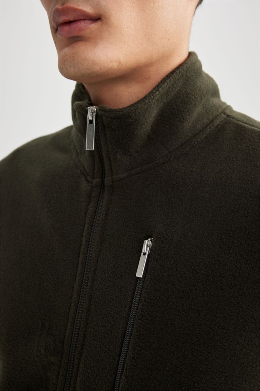 MAN Dark Khaki Regular Fit Polar Fleece Zipper Sweatshirt