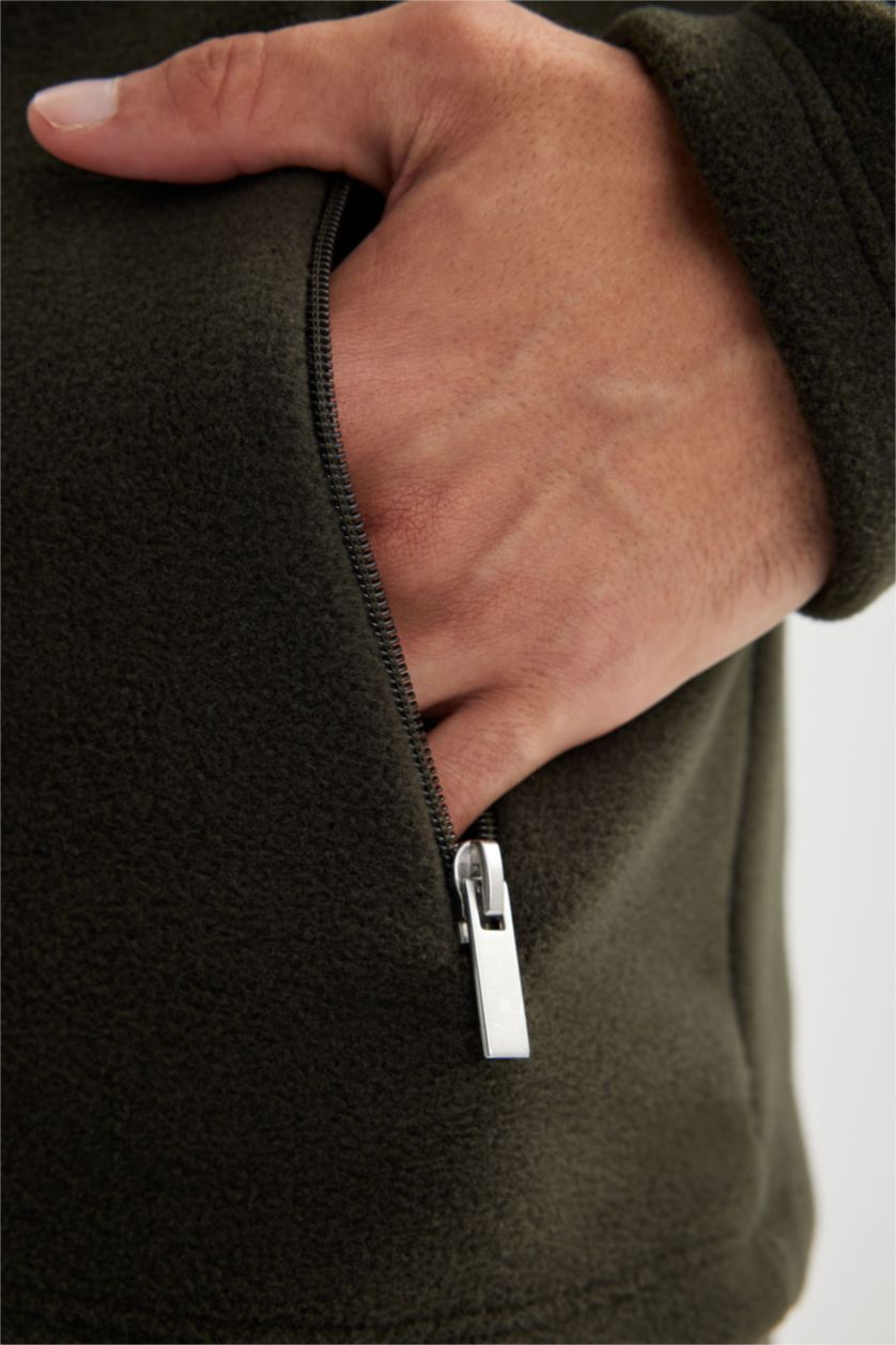 MAN Dark Khaki Regular Fit Polar Fleece Zipper Sweatshirt