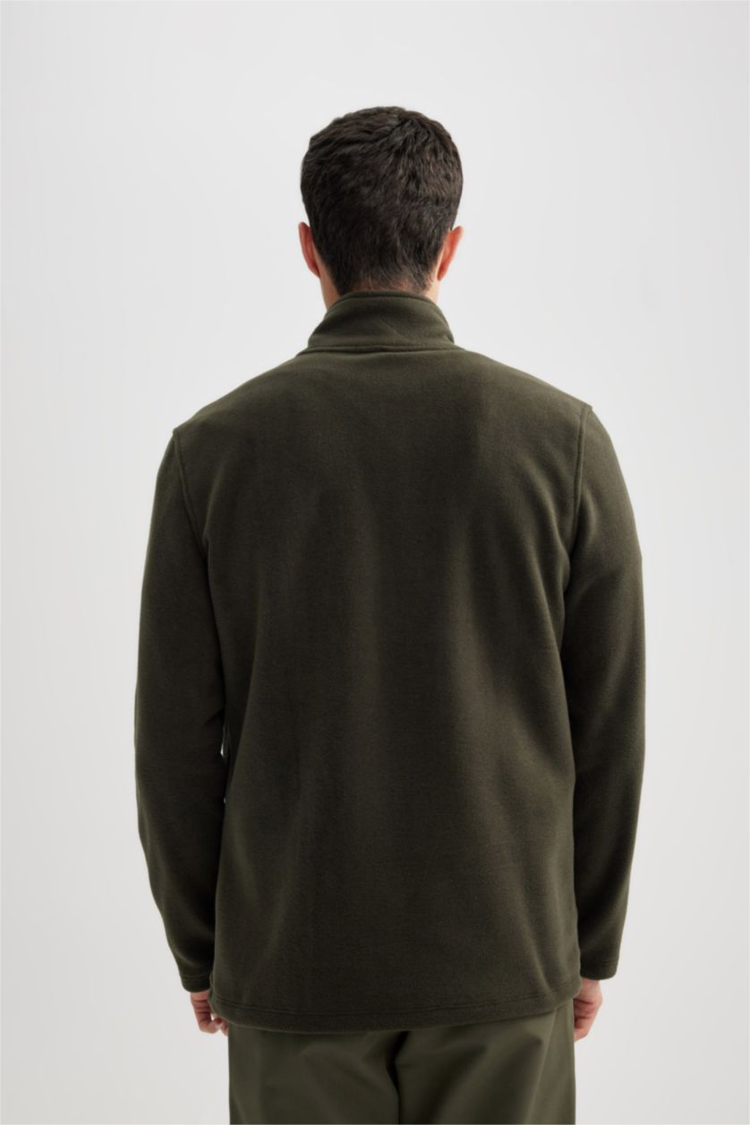 MAN Dark Khaki Regular Fit Polar Fleece Zipper Sweatshirt