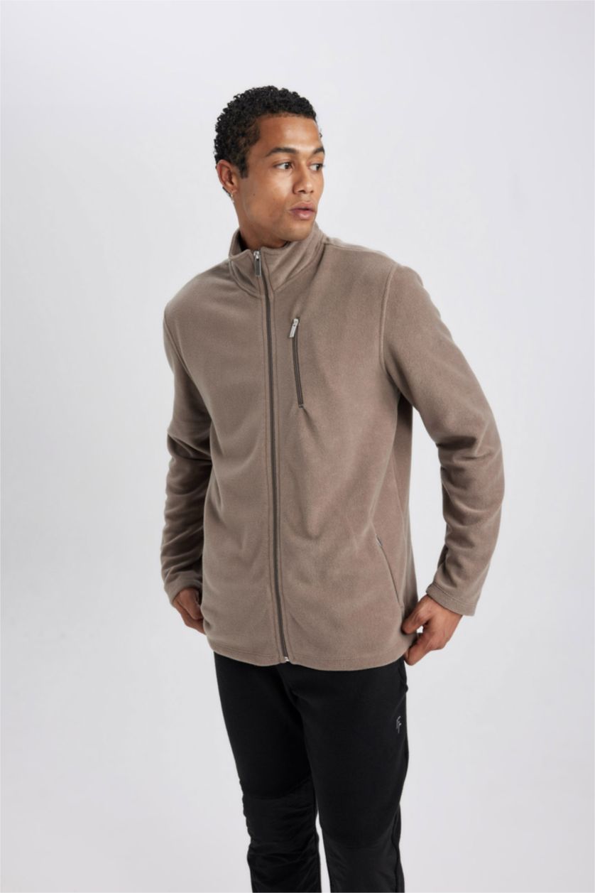 Man Teak Regular Fit Stand Collar Pocket Fleece Sweatshirt