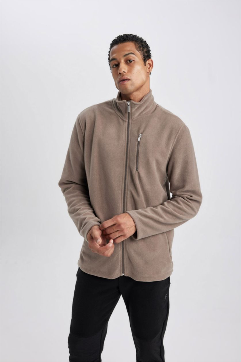 Man Teak Regular Fit Stand Collar Pocket Fleece Sweatshirt