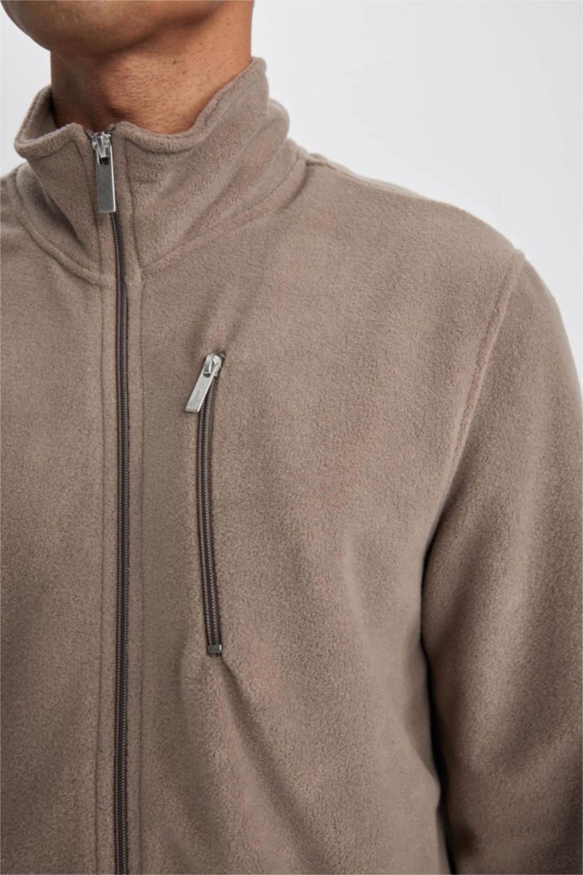 Man Teak Regular Fit Stand Collar Pocket Fleece Sweatshirt