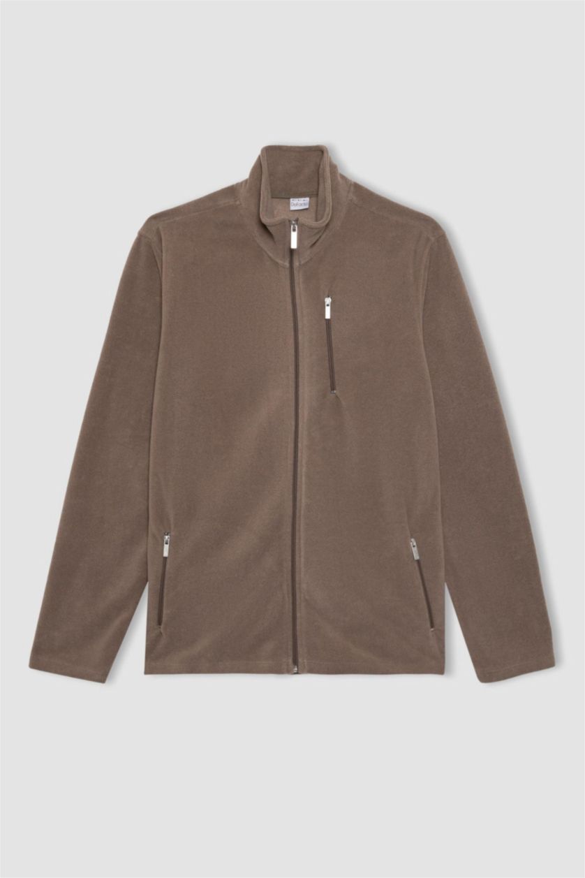 Man Teak Regular Fit Stand Collar Pocket Fleece Sweatshirt