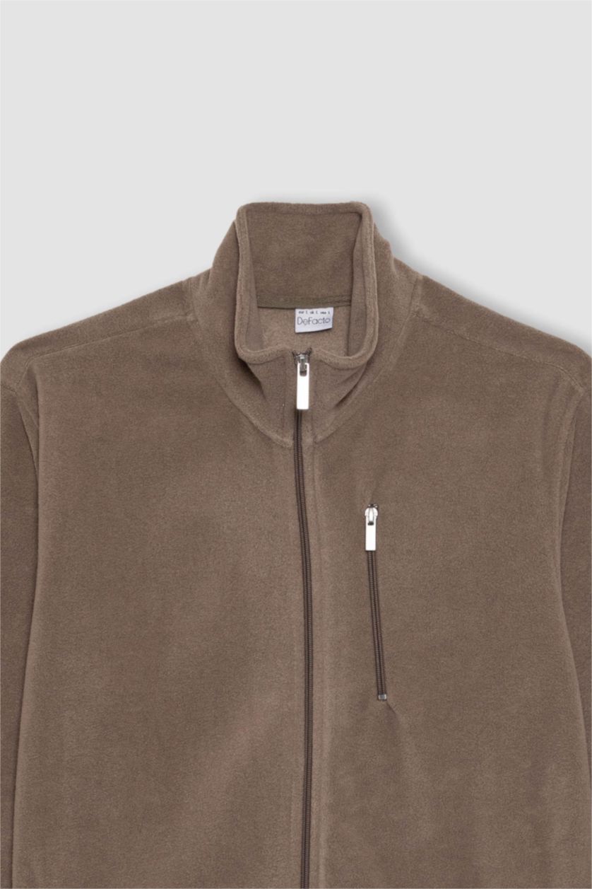 Man Teak Regular Fit Stand Collar Pocket Fleece Sweatshirt