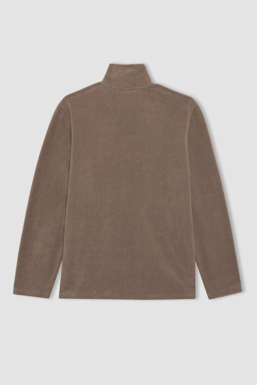 Man Teak Regular Fit Stand Collar Pocket Fleece Sweatshirt