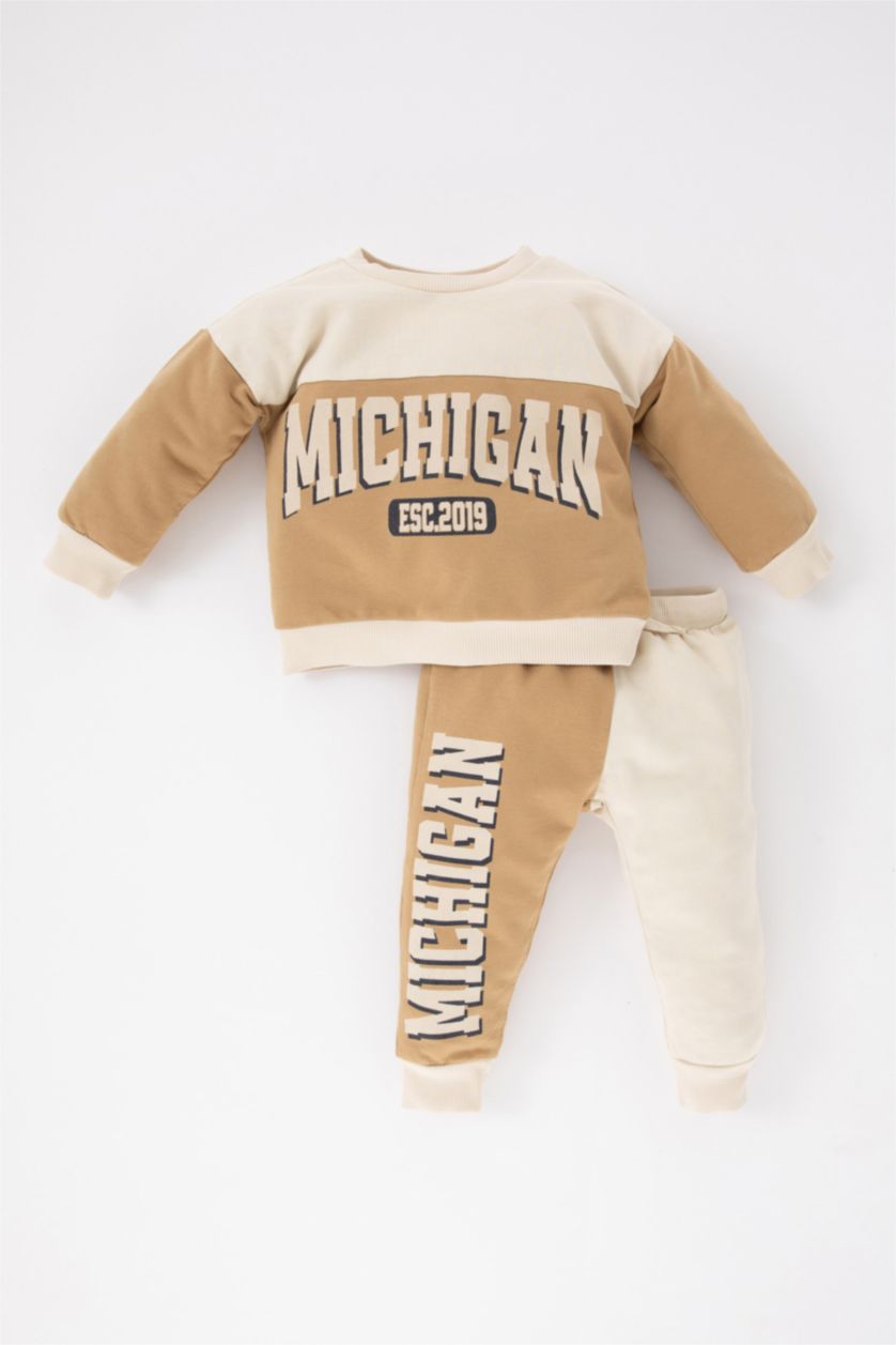 BABY BOY Beige 2 piece Regular Fit Crew Neck Slogan Set