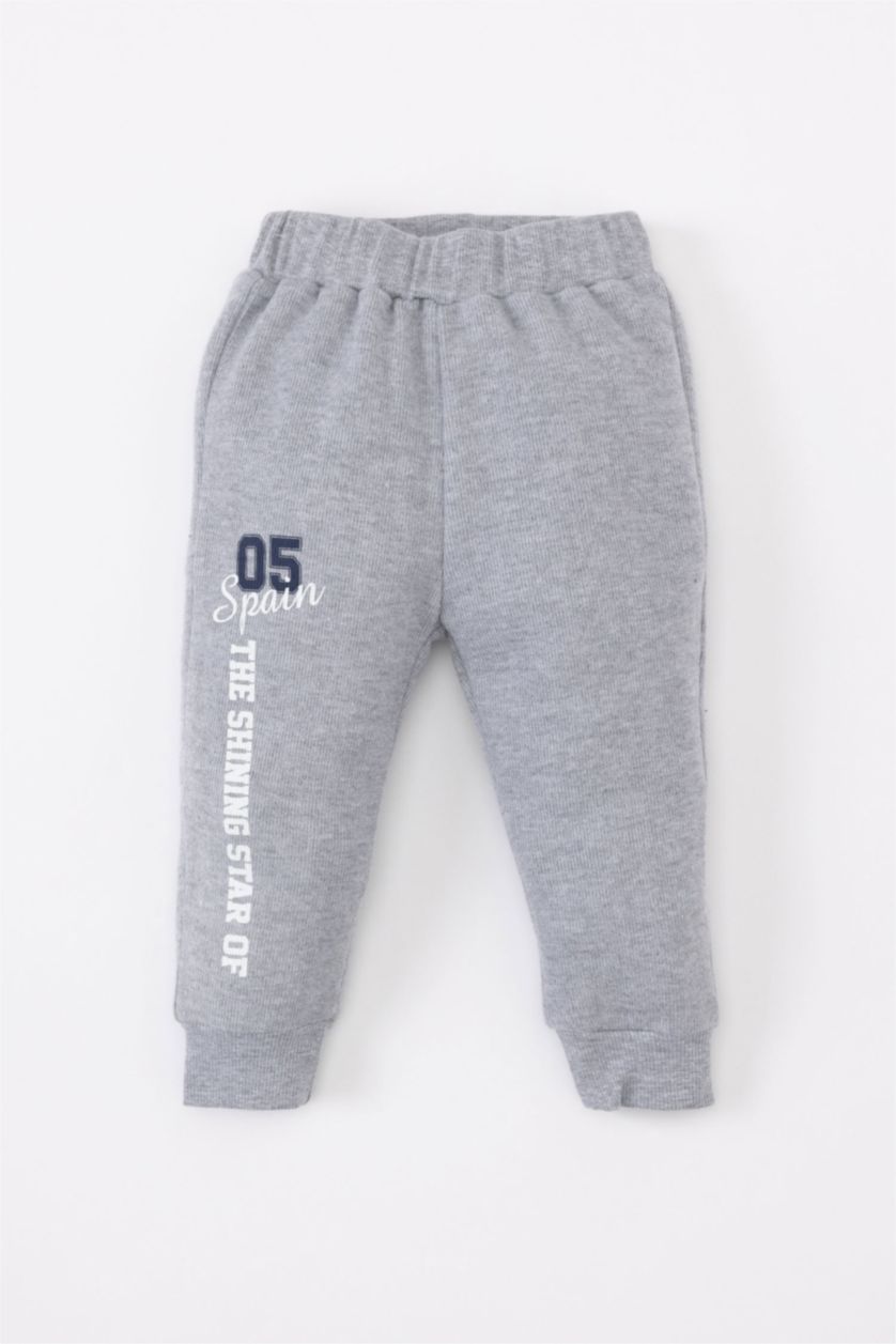 Baby Boy Light Grey Melange 2 piece Regular Fit Crew Neck Printed Set