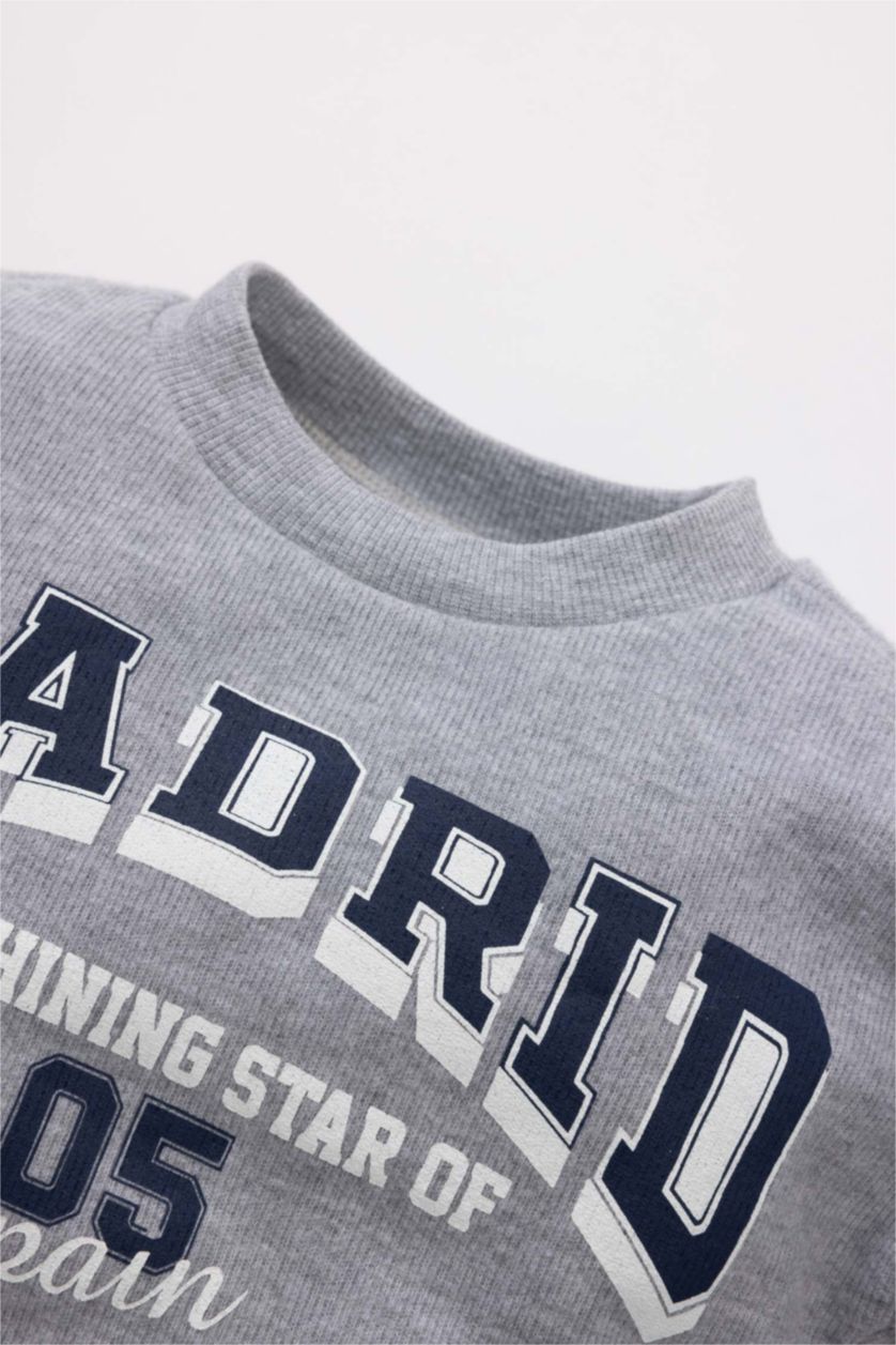 Baby Boy Light Grey Melange 2 piece Regular Fit Crew Neck Printed Set