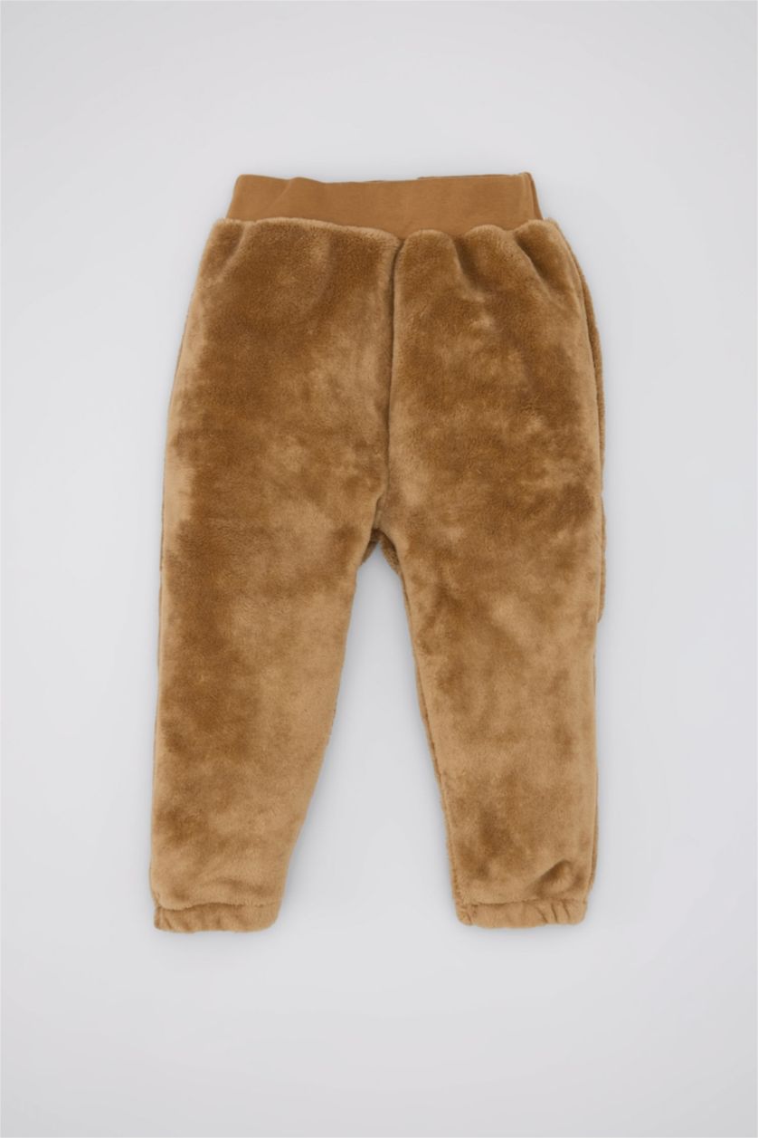 Erkek Bebek Bej Erkek Bebek Ayıcık Desenli Pelüş Kapüşonlu Sweatshirt Eşofman Altı 2'li Takım