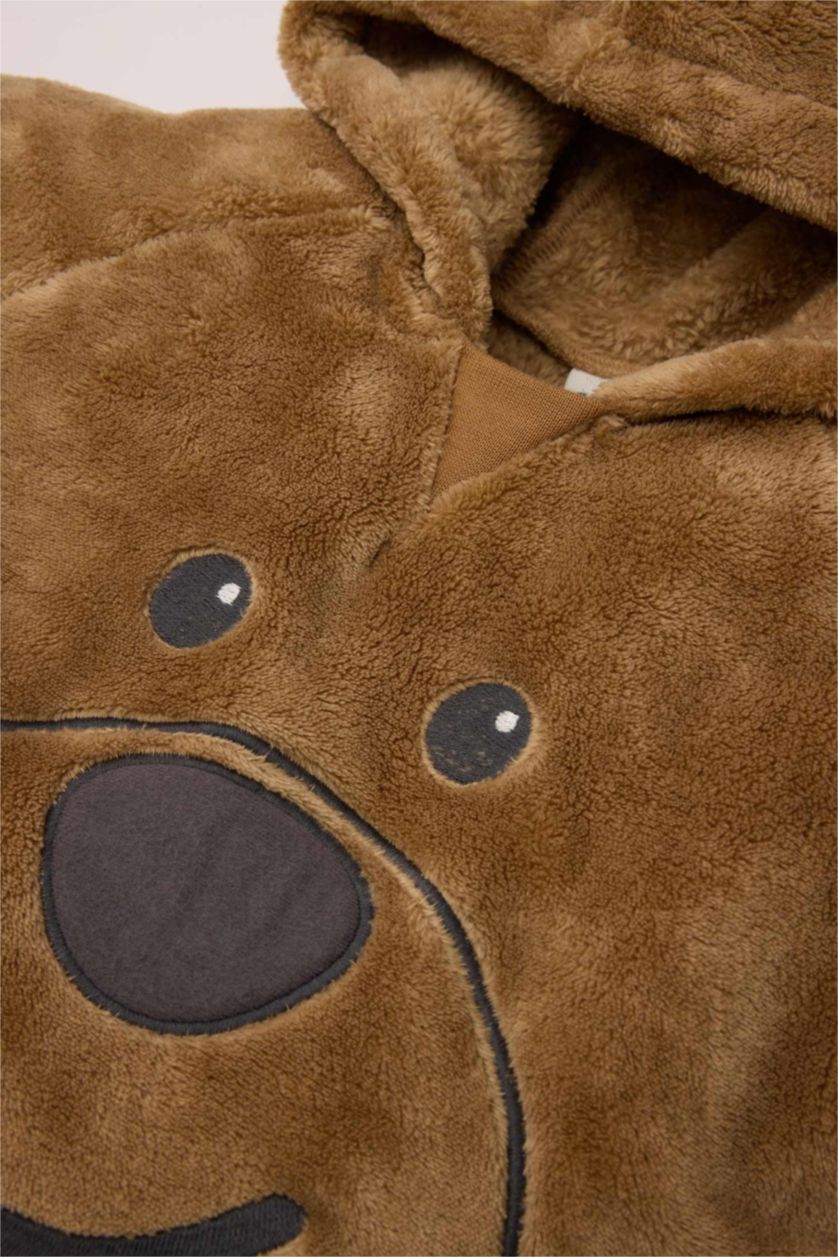 Erkek Bebek Bej Erkek Bebek Ayıcık Desenli Pelüş Kapüşonlu Sweatshirt Eşofman Altı 2'li Takım