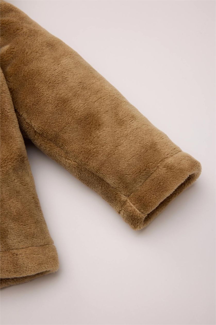 Erkek Bebek Bej Erkek Bebek Ayıcık Desenli Pelüş Kapüşonlu Sweatshirt Eşofman Altı 2'li Takım