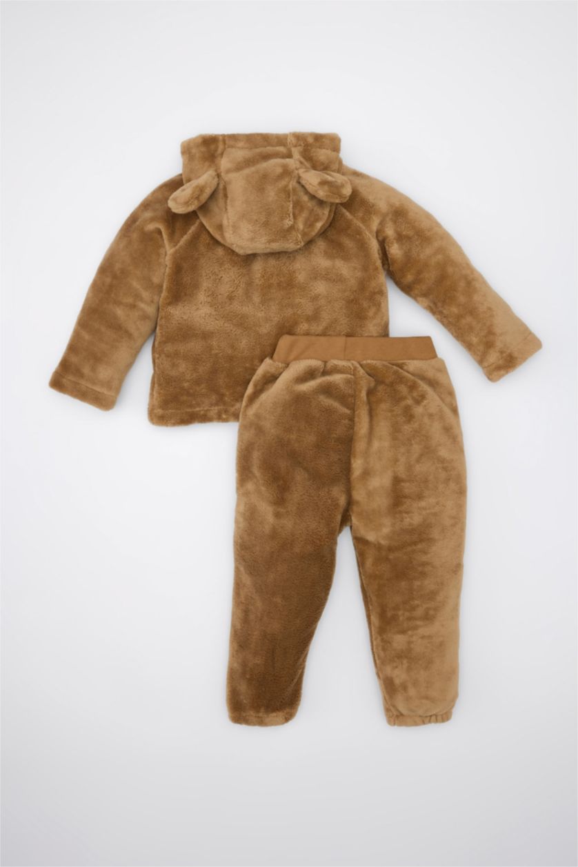 Erkek Bebek Bej Erkek Bebek Ayıcık Desenli Pelüş Kapüşonlu Sweatshirt Eşofman Altı 2'li Takım