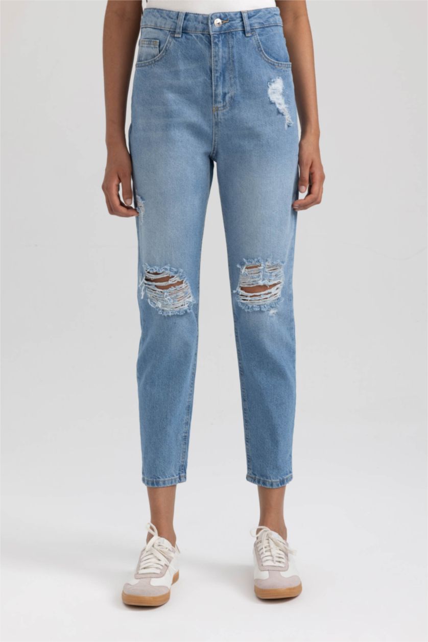 Kadın Mavi Lina Mom Fıt Yırtık Detaylı Yüksek Bel Bilek Boy Jean Pantolon