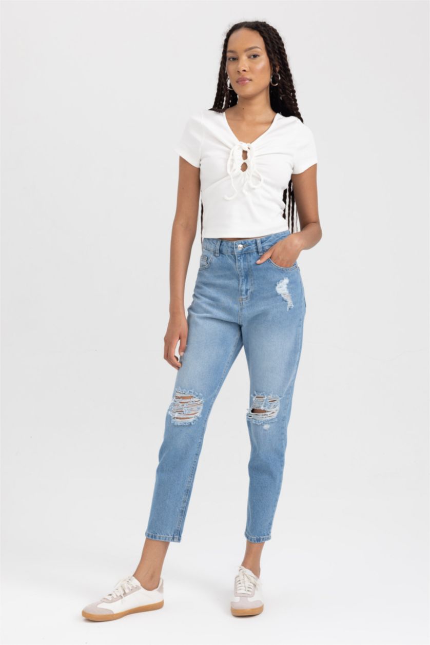 Kadın Mavi Lina Mom Fıt Yırtık Detaylı Yüksek Bel Bilek Boy Jean Pantolon