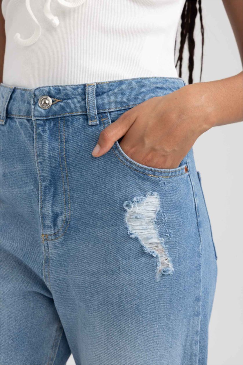 Kadın Mavi Lina Mom Fıt Yırtık Detaylı Yüksek Bel Bilek Boy Jean Pantolon