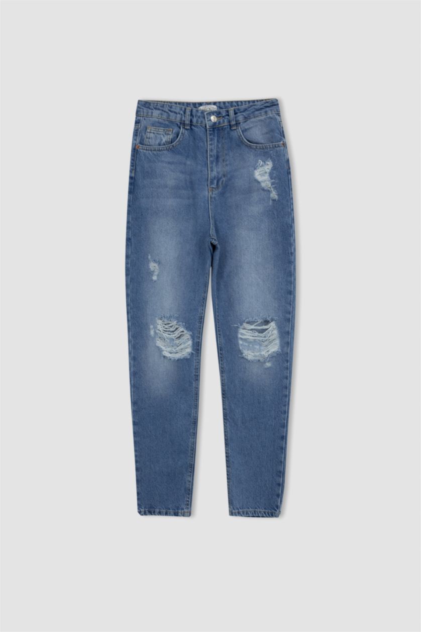 Kadın Mavi Lina Mom Fıt Yırtık Detaylı Yüksek Bel Bilek Boy Jean Pantolon