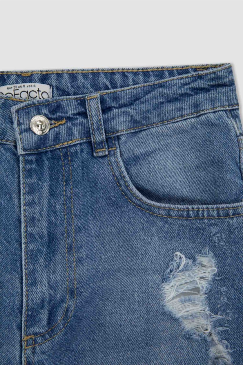 Kadın Mavi Lina Mom Fıt Yırtık Detaylı Yüksek Bel Bilek Boy Jean Pantolon