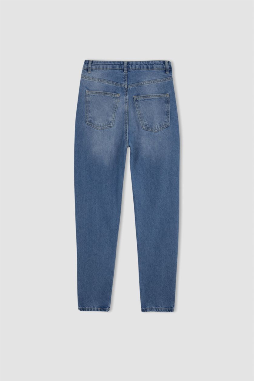 Kadın Mavi Lina Mom Fıt Yırtık Detaylı Yüksek Bel Bilek Boy Jean Pantolon