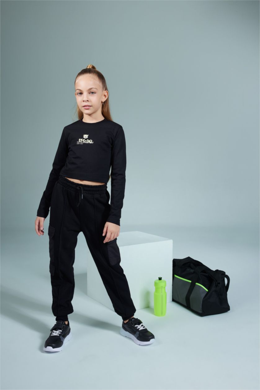 بناتي أسود بنطلون كارجو جوجر