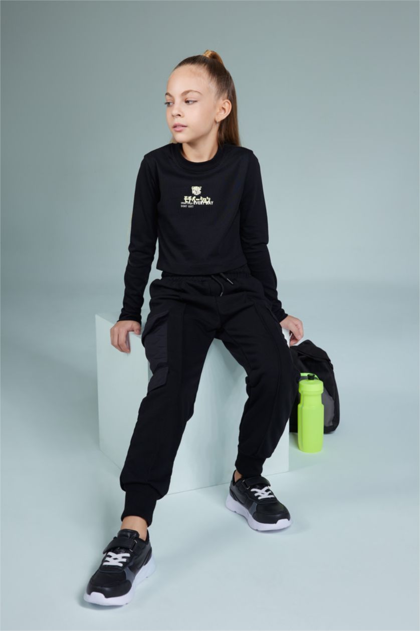 بناتي أسود بنطلون كارجو جوجر