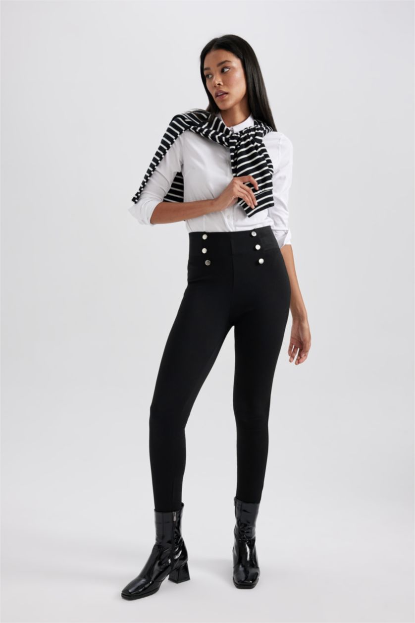 Kadın Siyah Yüksek Bel Basic Düz Uzun Tayt