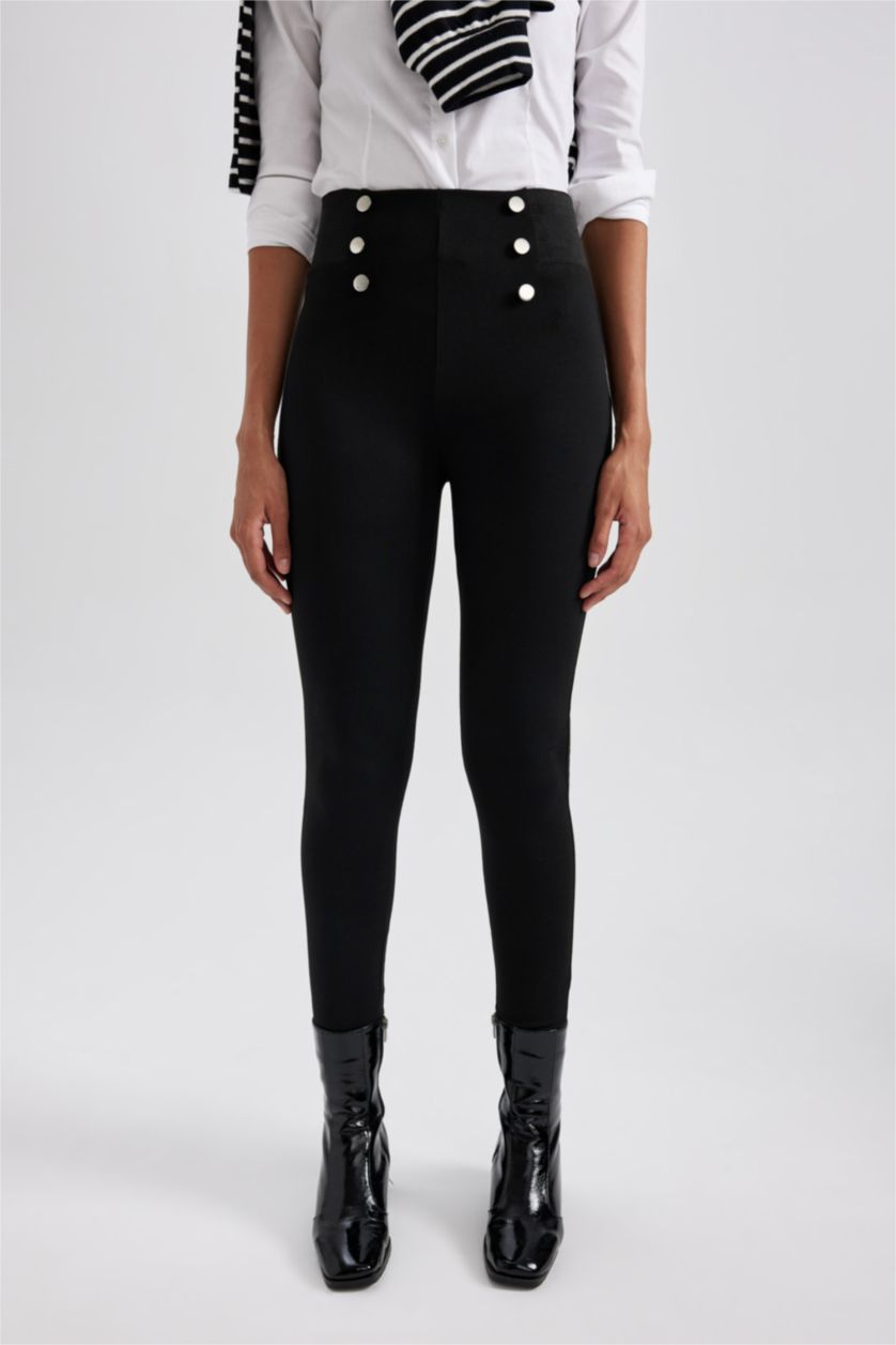 Kadın Siyah Yüksek Bel Basic Düz Uzun Tayt