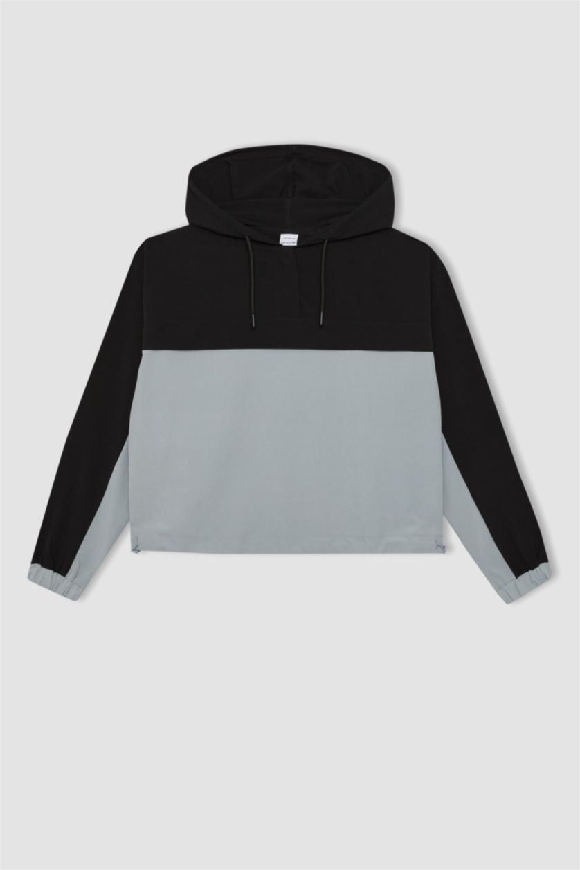 Kadın Açık Gri Standart Fit Kapüşonlu Sporcu Dokuma Hırka