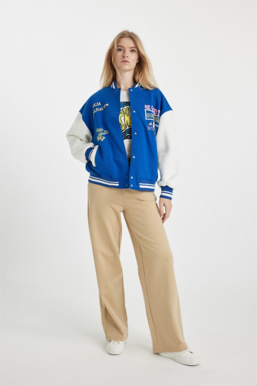 Kadın Royal Coool Oversize Geniş Kalıp Kolej Yaka Sırt Baskılı Çıtçıtlı Cepli Kalın Bomber Ceket