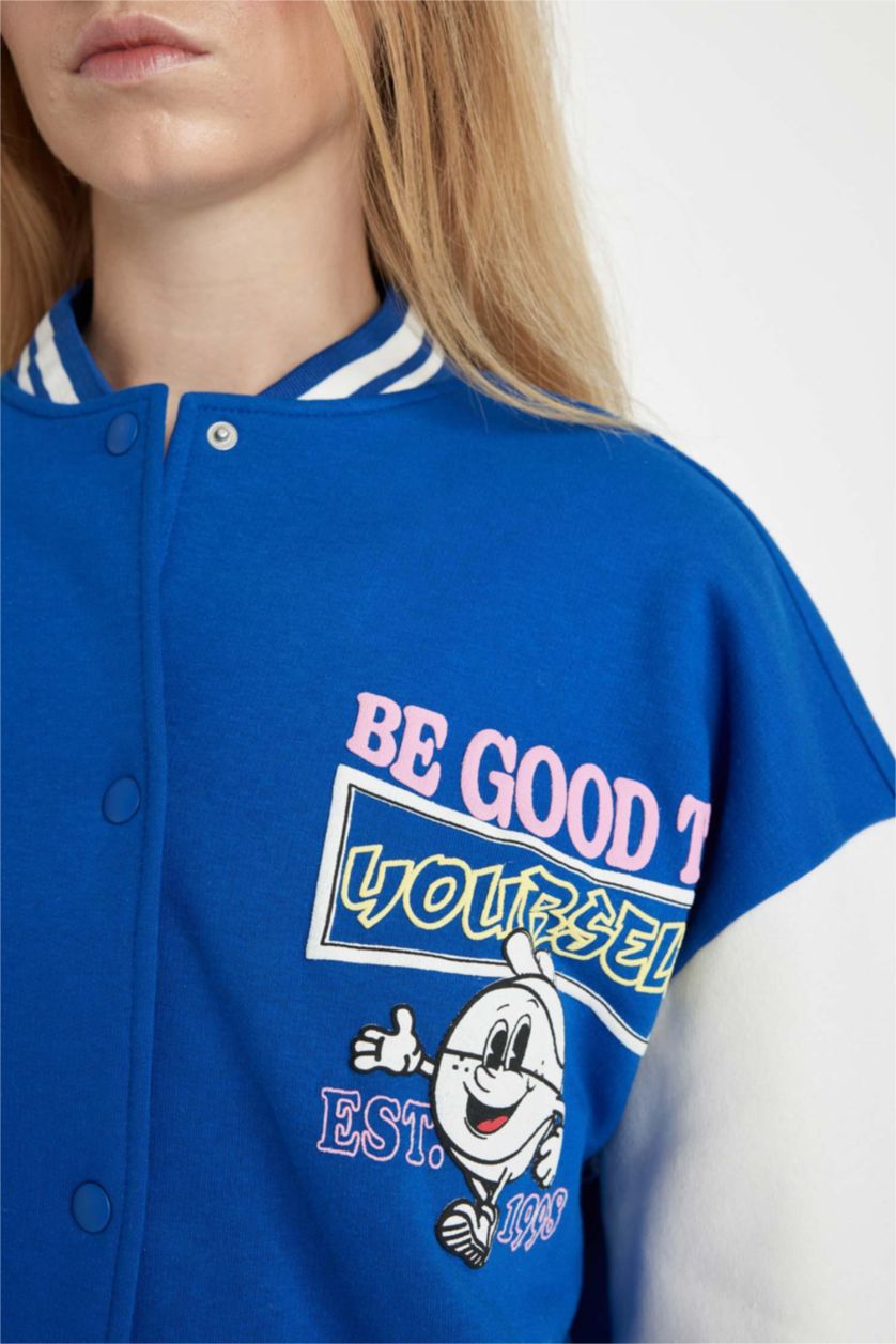 Kadın Royal Coool Oversize Geniş Kalıp Kolej Yaka Sırt Baskılı Çıtçıtlı Cepli Kalın Bomber Ceket