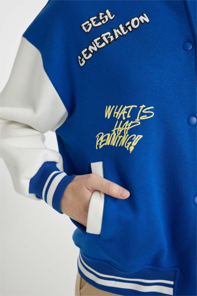 Kadın Royal Coool Oversize Geniş Kalıp Kolej Yaka Sırt Baskılı Çıtçıtlı Cepli Kalın Bomber Ceket