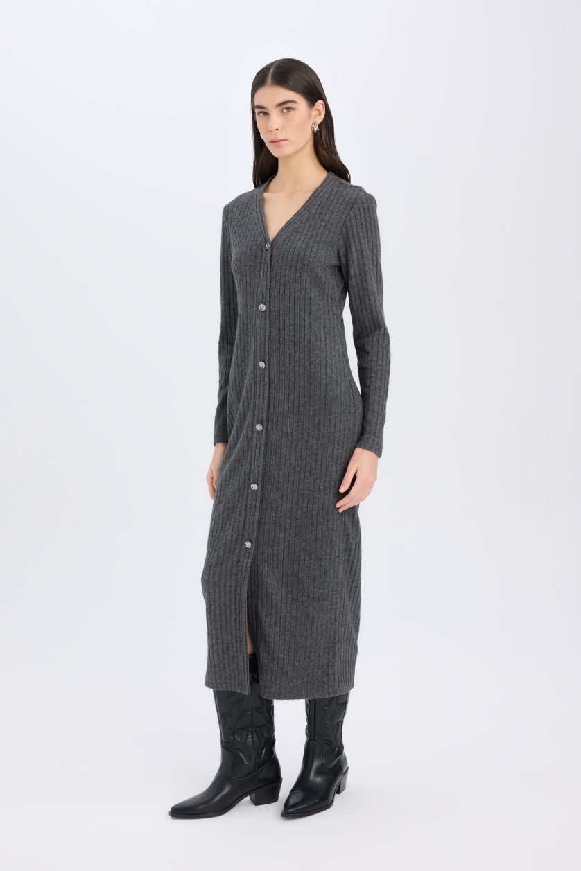 Kadın Antrasit Bodycon Vücudu Saran Basic Düz V Yaka Düğmeli Fitilli Kaşkorse Midi Uzun Kollu Elbise