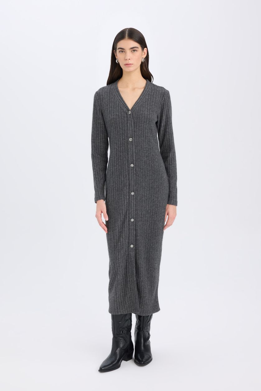 Kadın Antrasit Bodycon Vücudu Saran Basic Düz V Yaka Düğmeli Fitilli Kaşkorse Midi Uzun Kollu Elbise