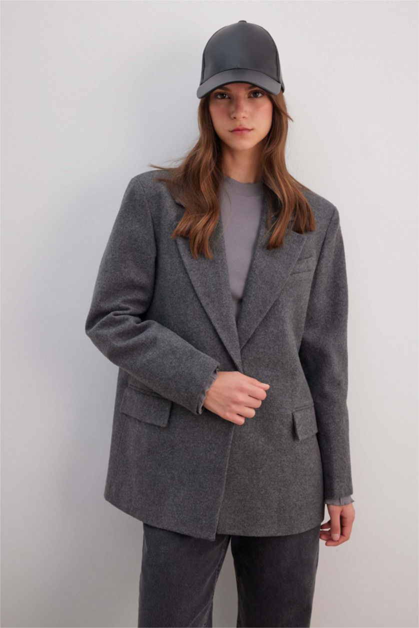 Kadın Antrasit Regular Fıt Flanel Blazer Ceket