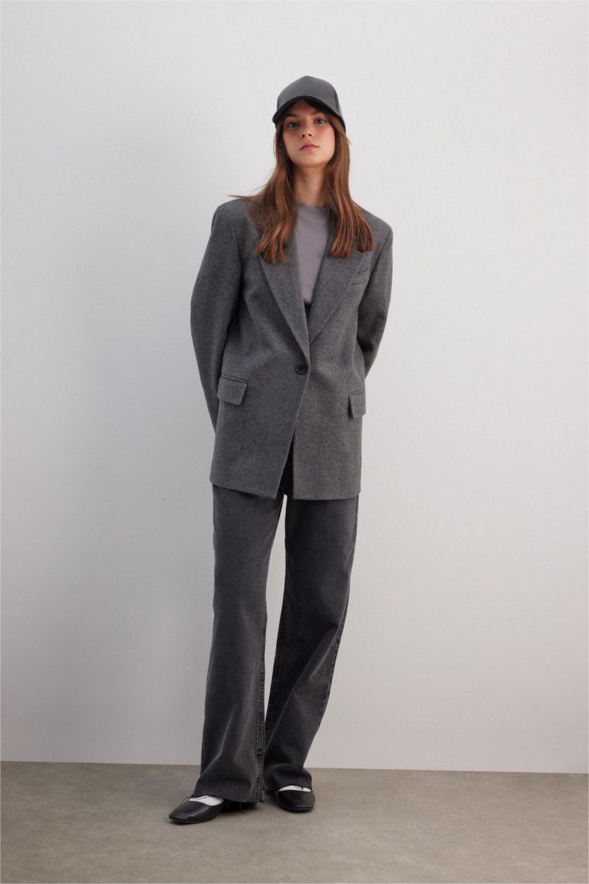 Kadın Antrasit Regular Fıt Flanel Blazer Ceket