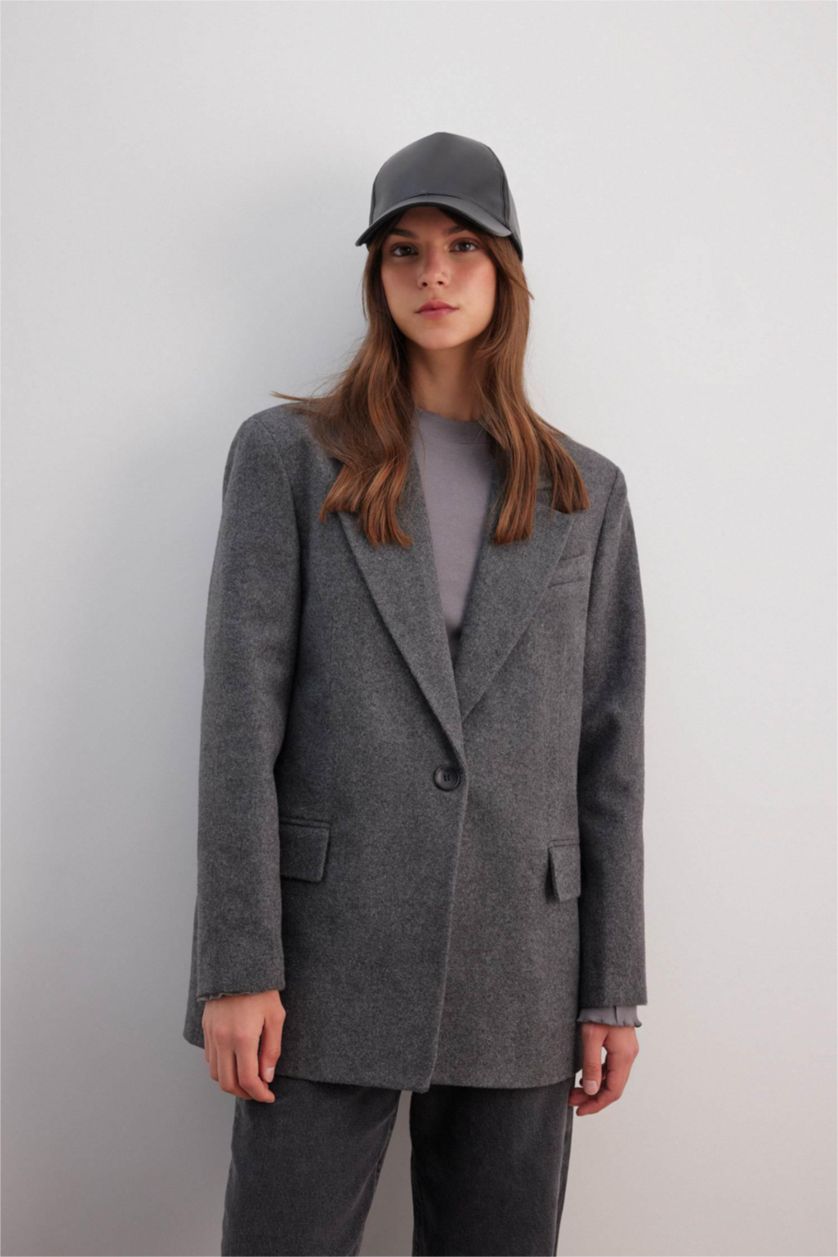 Kadın Antrasit Regular Fıt Flanel Blazer Ceket