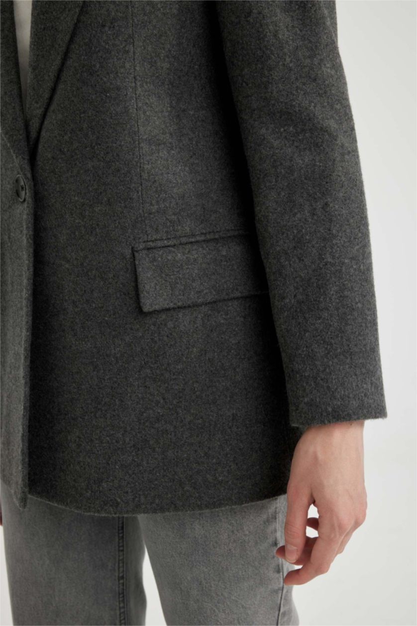 Kadın Antrasit Regular Fıt Flanel Blazer Ceket