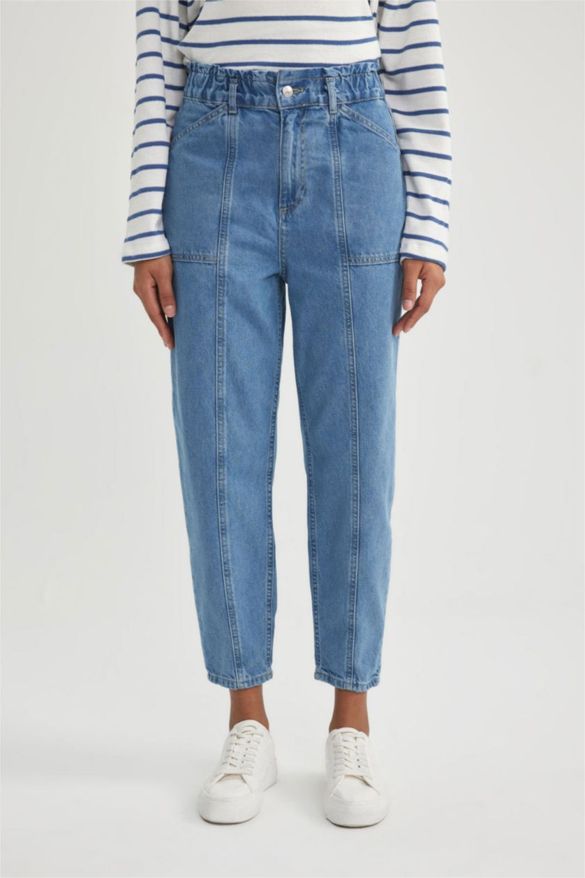 WOMAN Light Blue Paperbag Fit High Elastic Waist Straight Leg Ankle Length Jeans