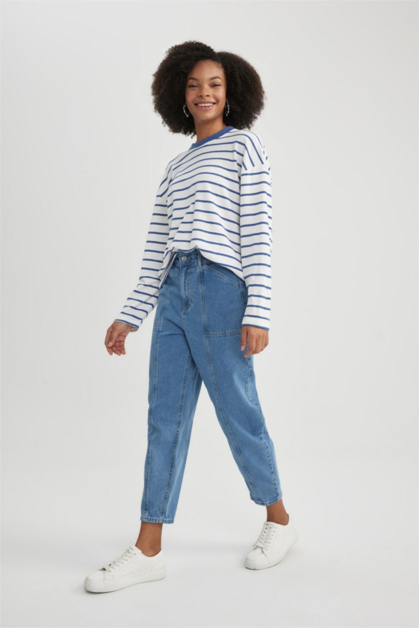 WOMAN Light Blue Paperbag Fit High Elastic Waist Straight Leg Ankle Length Jeans