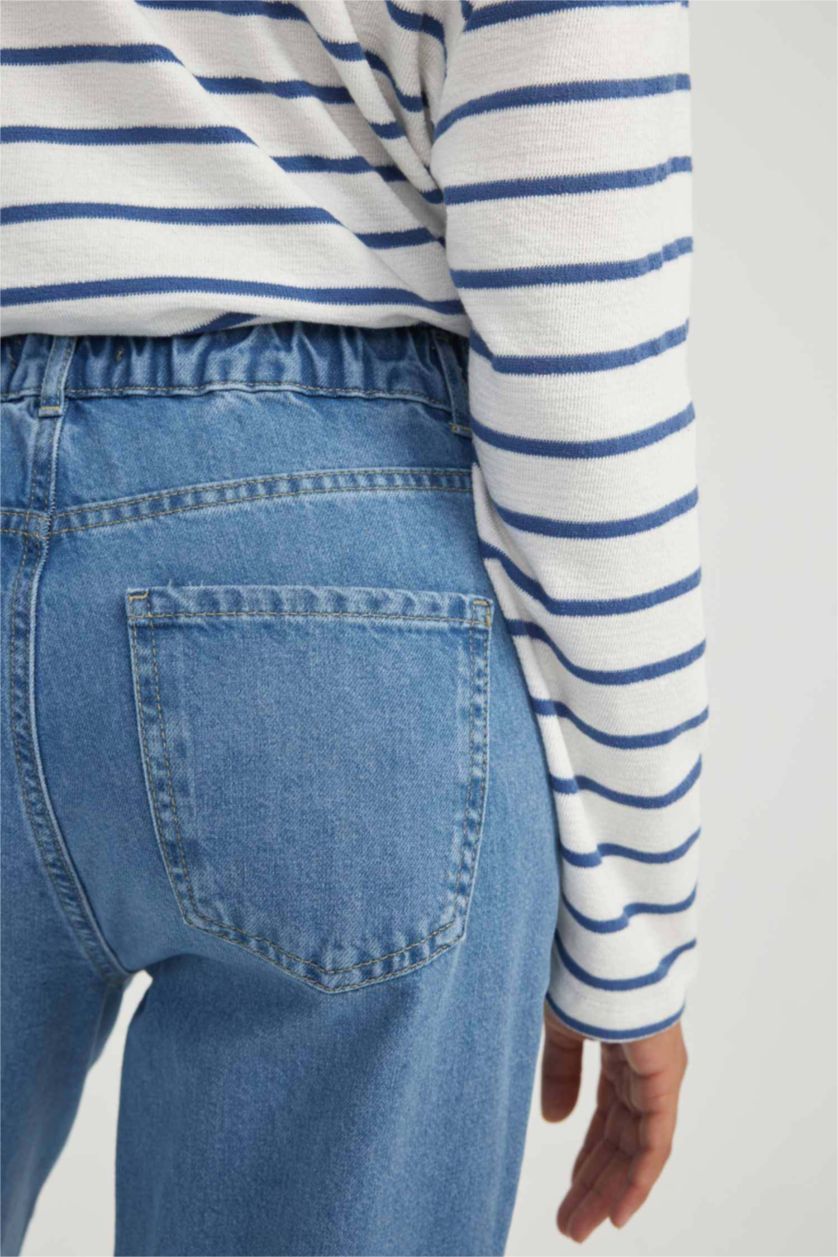 WOMAN Light Blue Paperbag Fit High Elastic Waist Straight Leg Ankle Length Jeans