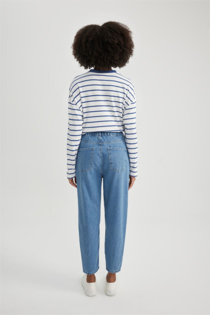 WOMAN Light Blue Paperbag Fit High Elastic Waist Straight Leg Ankle Length Jeans