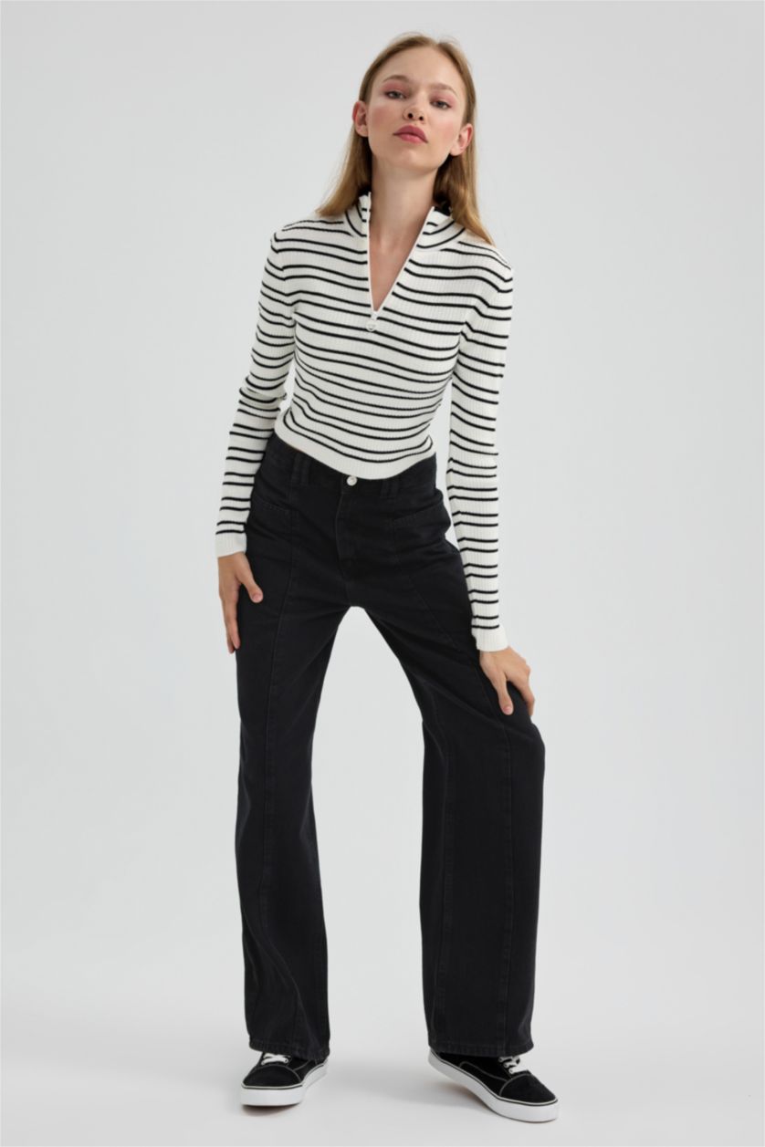 حريمي أسود بنطلون جينز وايد ليج برجل واسع وخصر عالي