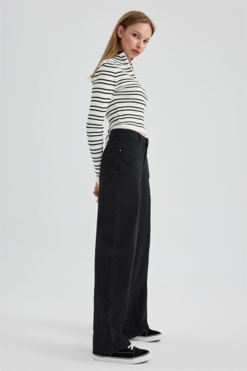 حريمي أسود بنطلون جينز وايد ليج برجل واسع وخصر عالي