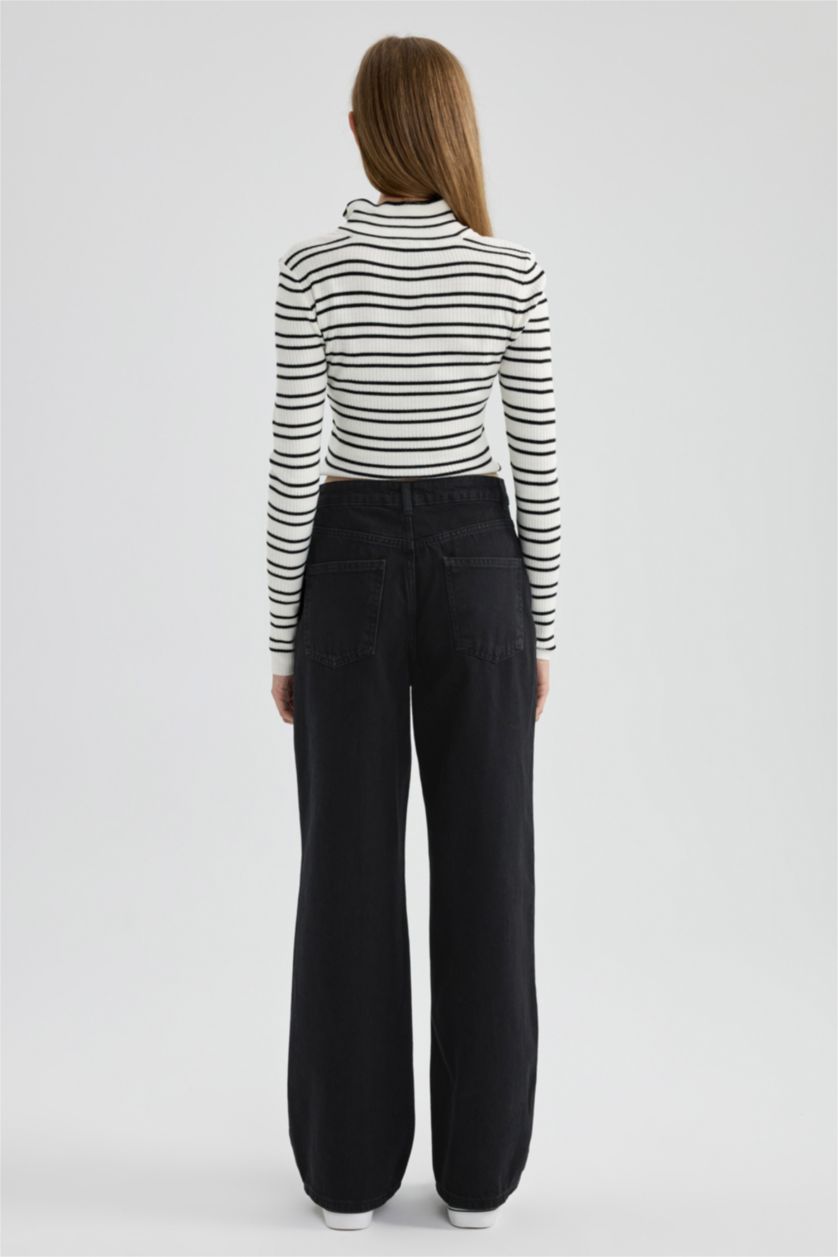 حريمي أسود بنطلون جينز وايد ليج برجل واسع وخصر عالي