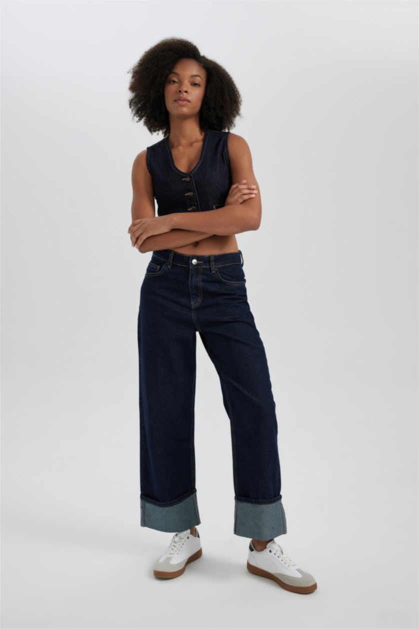 WOMAN Dark Blue Relax Fit High Waist Ankle Length Jeans