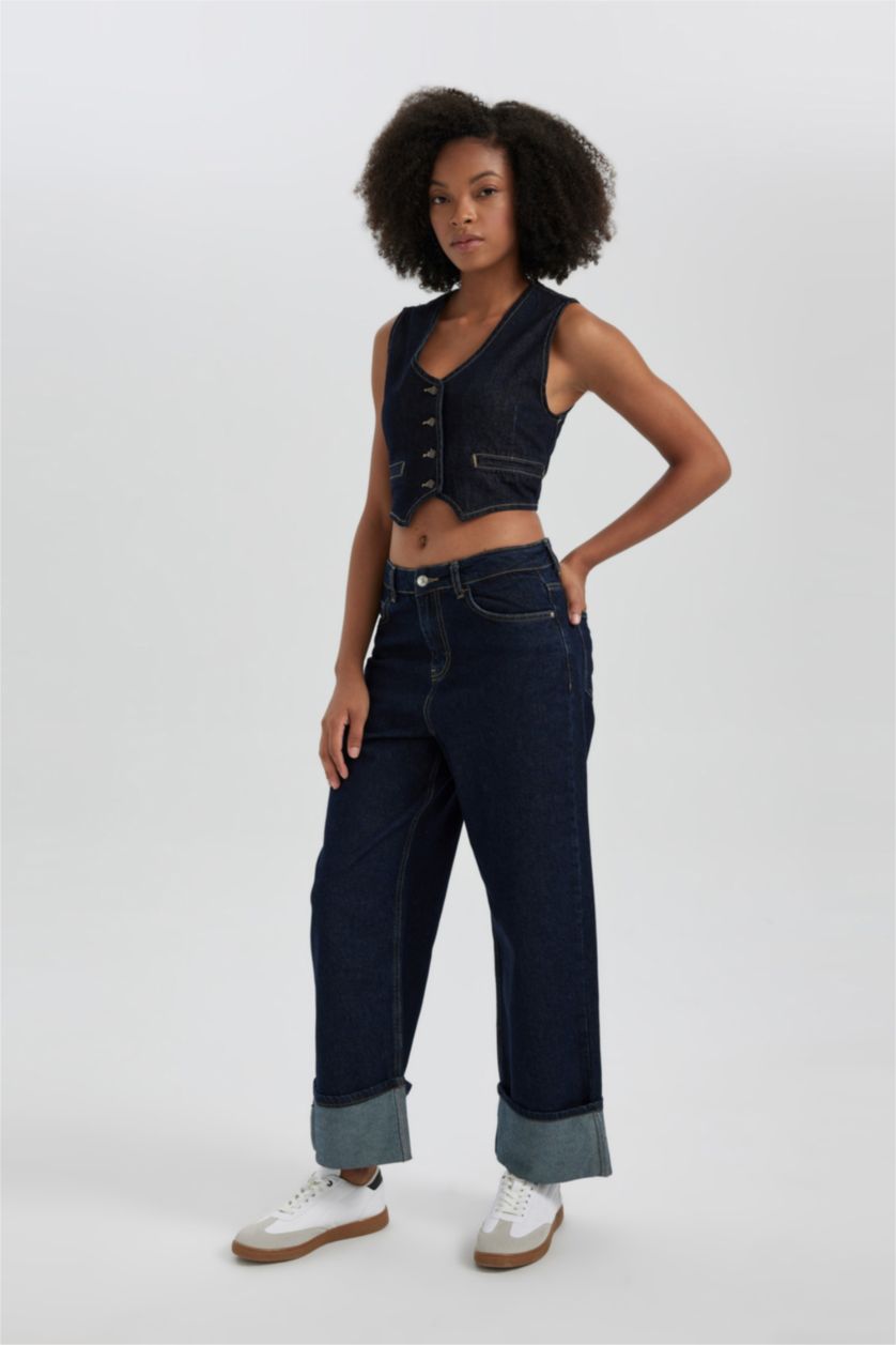 WOMAN Dark Blue Relax Fit High Waist Ankle Length Jeans