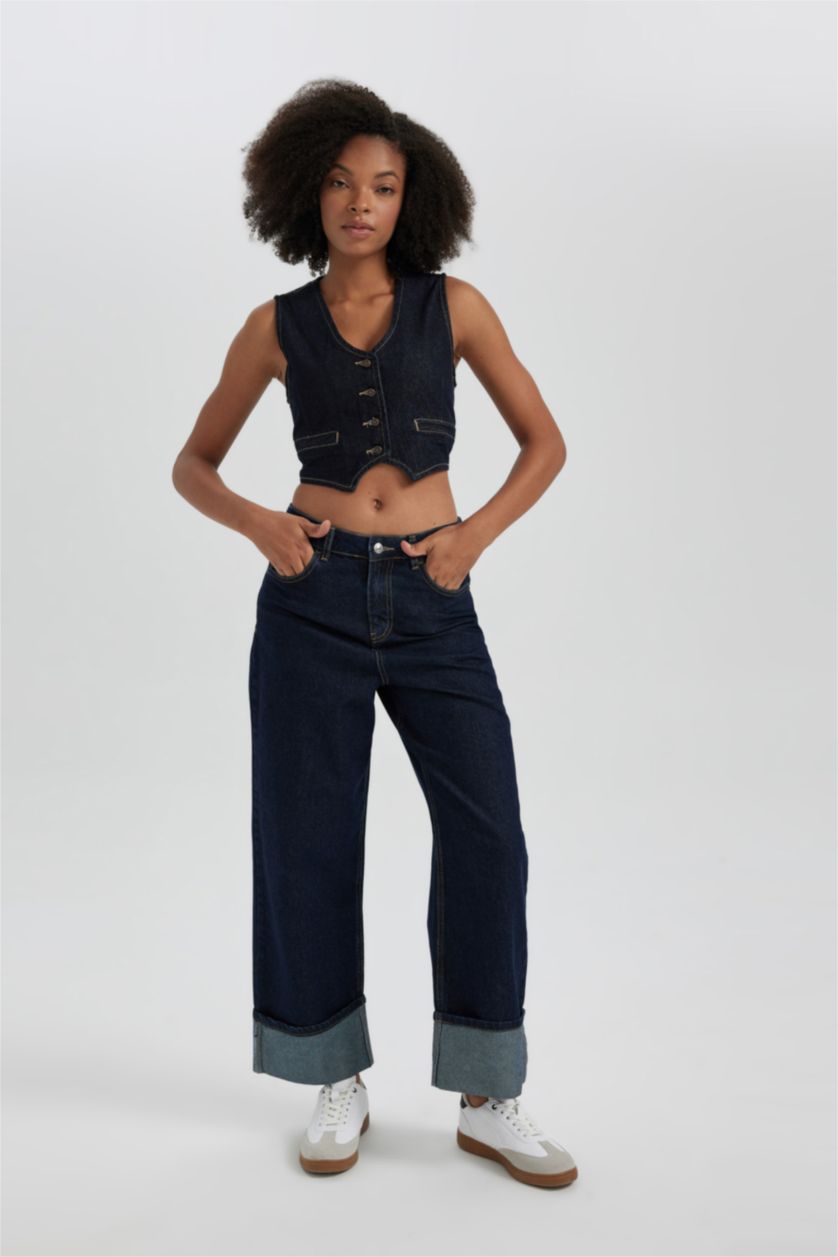 WOMAN Dark Blue Relax Fit High Waist Ankle Length Jeans